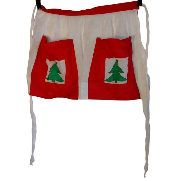 Kay Shannon Original Apron Vintage Christmas Tree White Red Sheer Tie Waist - Picture 2 of 11